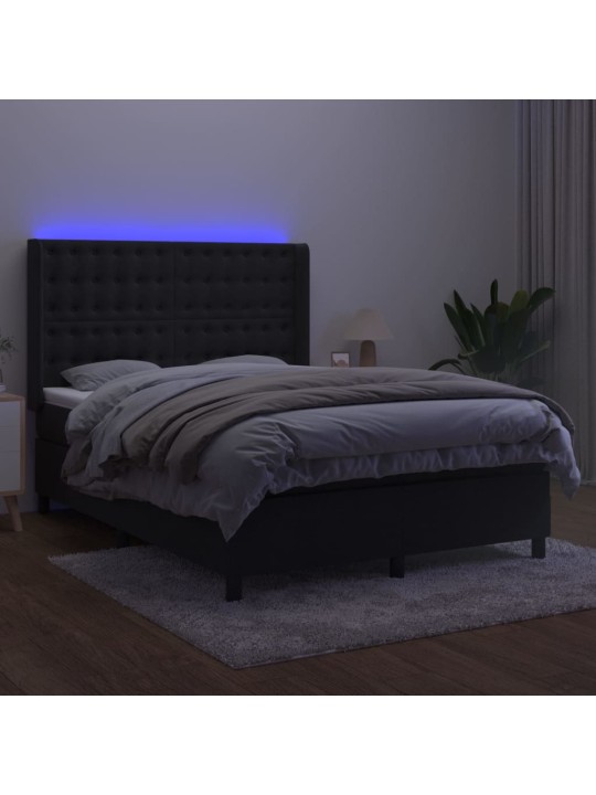 Atsperu gulta ar matraci, LED, melns samts, 140x200 cm