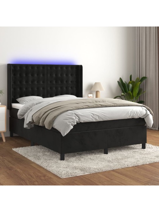 Atsperu gulta ar matraci, LED, melns samts, 140x200 cm