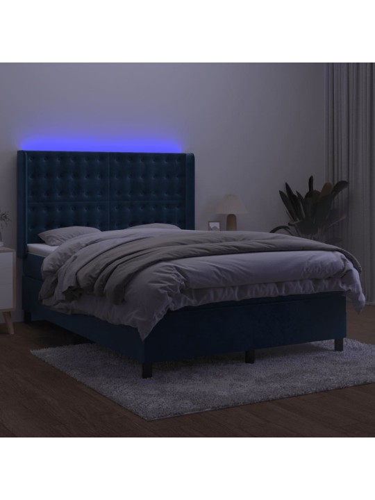 Kontinentālā gulta ar matraci, LED, tumši zils samts, 140x200 cm