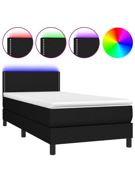 Atsperu gulta ar matraci, LED, melns audums, 90x190 cm