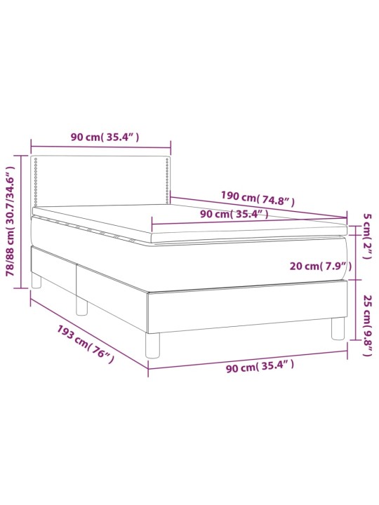 Atsperu gulta ar matraci, LED, melns audums, 90x190 cm