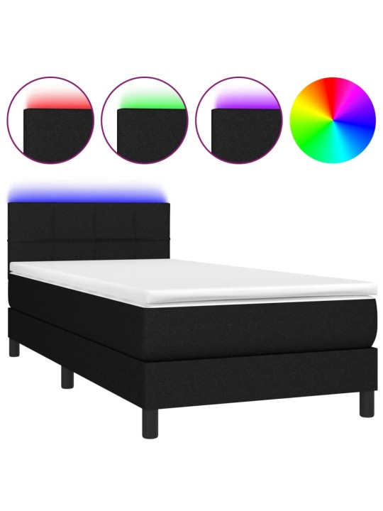 Atsperu gulta ar matraci, LED, melns audums, 90x190 cm