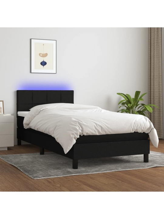 Atsperu gulta ar matraci, LED, melns audums, 90x190 cm