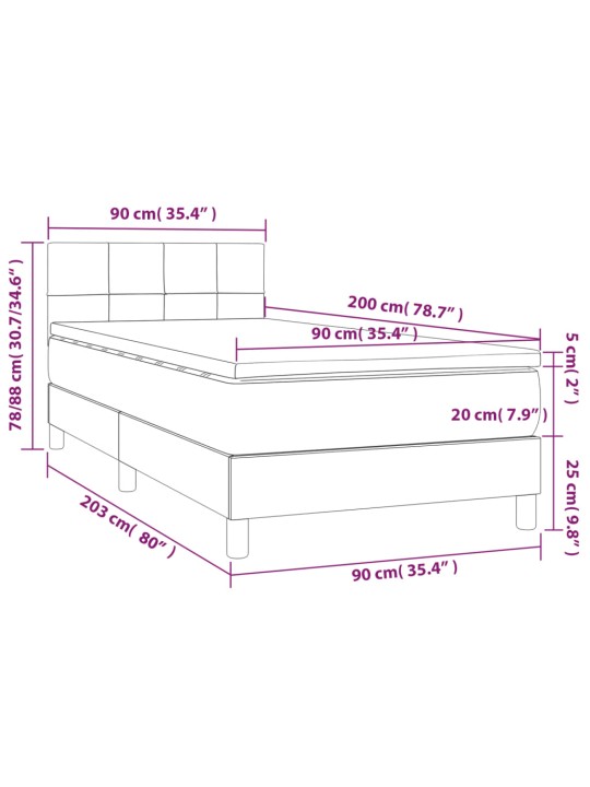 Atsperu gulta ar matraci, LED, melns audums, 90x200 cm