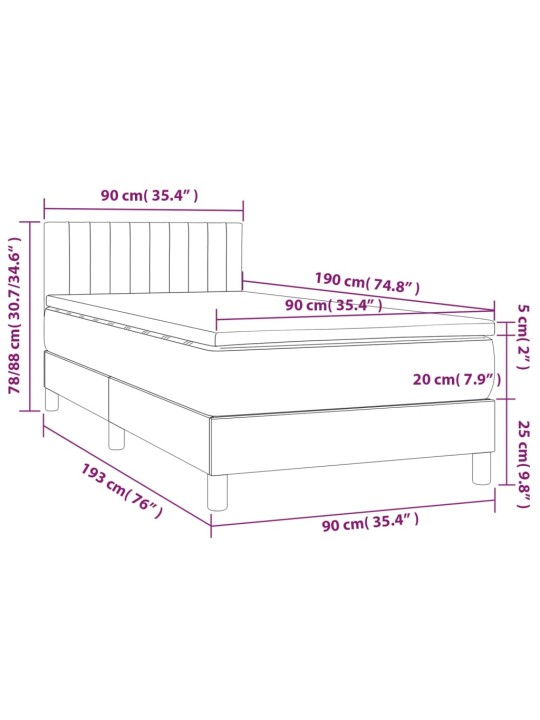 Atsperu gulta ar matraci, LED, melns audums, 90x190 cm
