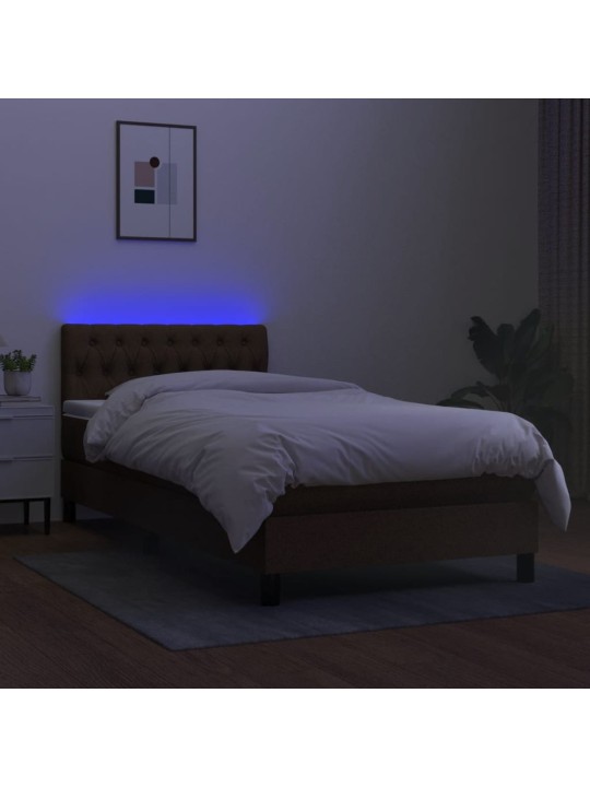 Atsperu gulta ar matraci, LED, tumši brūns audums, 90x200 cm