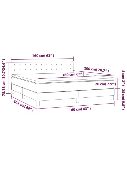 Atsperu gulta ar matraci, LED, melns audums, 160x200 cm