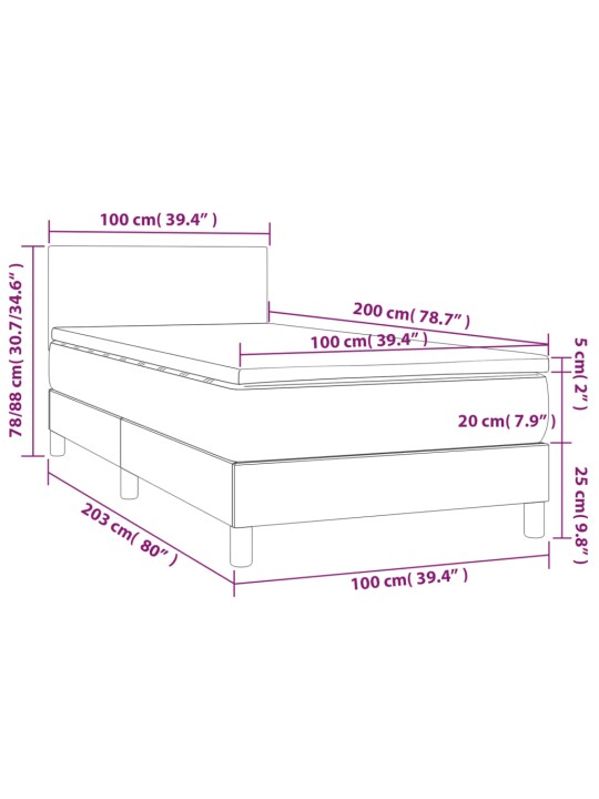Atsperu gulta ar matraci, led, krēmkrāsas audums, 100x200 cm