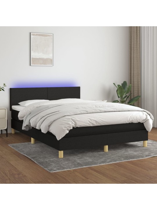 Atsperu gulta ar matraci, LED, melns audums, 140x190 cm