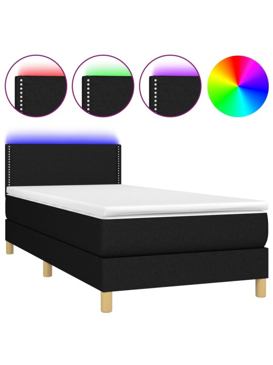 Atsperu gulta ar matraci, LED, melns audums, 90x200 cm