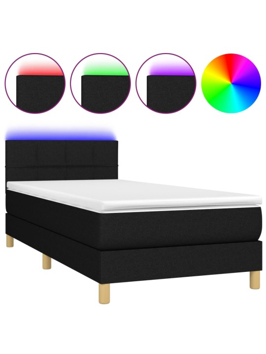 Atsperu gulta ar matraci, LED, melns audums, 90x200 cm