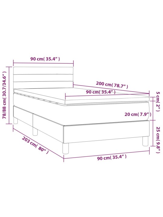Atsperu gulta ar matraci, LED, melns audums, 90x200 cm