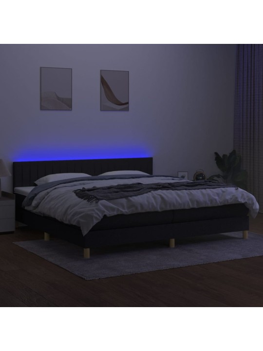 Atsperu gulta ar matraci, LED, melns audums, 200x200 cm
