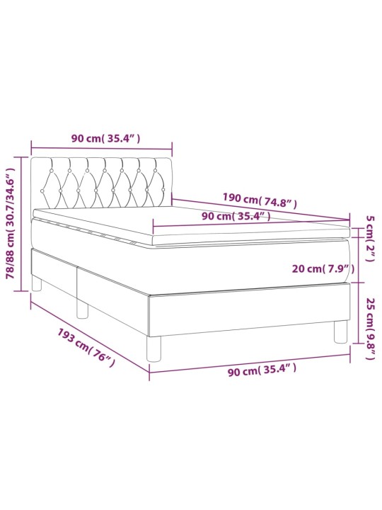 Atsperu gulta ar matraci, LED, melns audums, 90x190 cm