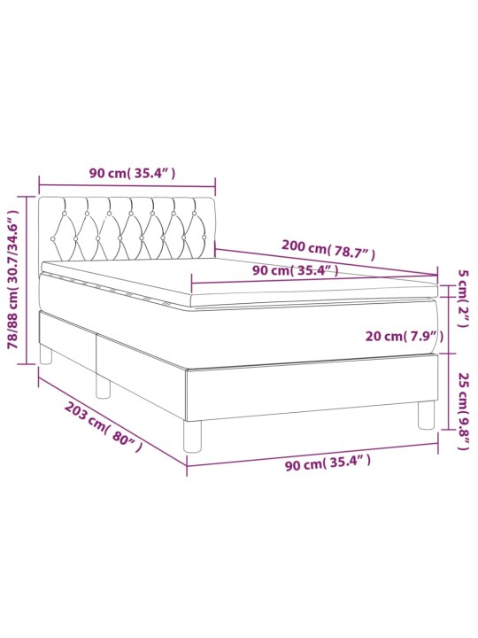 Atsperu gulta ar matraci, LED, melns audums, 90x200 cm