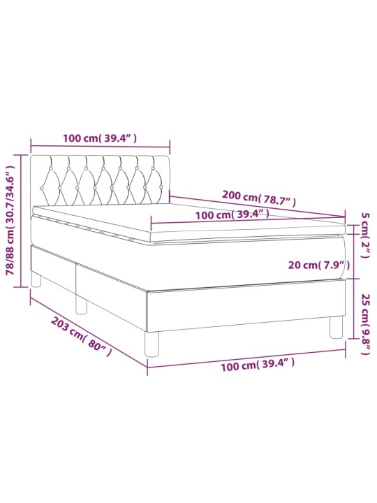 Atsperu gulta ar matraci, led, melns audums, 100x200 cm