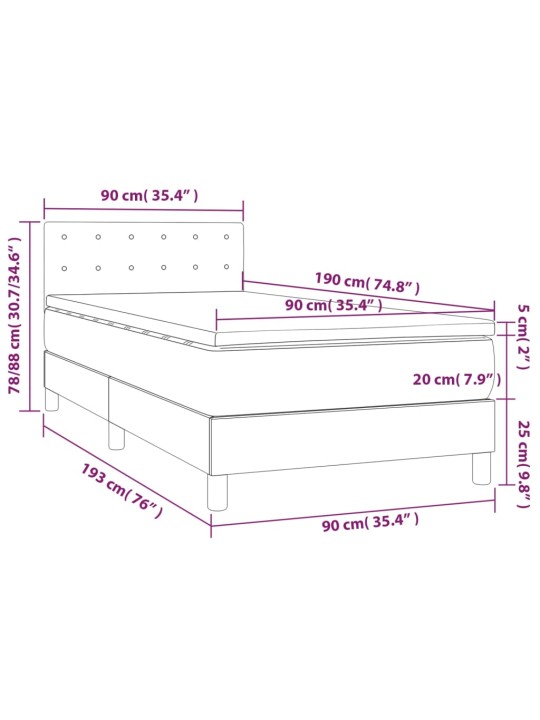 Atsperu gulta ar matraci, LED, melns audums, 90x190 cm