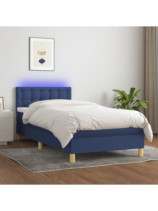 Atsperu gulta ar matraci, LED, zils audums, 90x190 cm