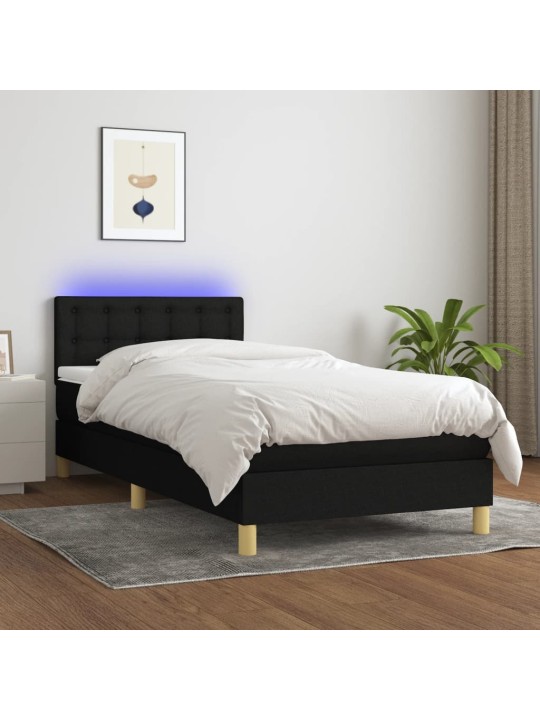 Atsperu gulta ar matraci, LED, melns audums, 90x200 cm