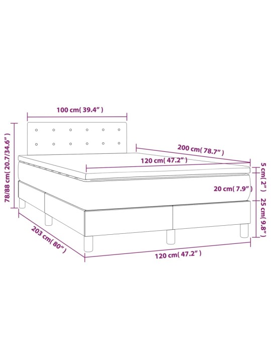 Atsperu gulta ar matraci, led, melns audums, 120x200 cm