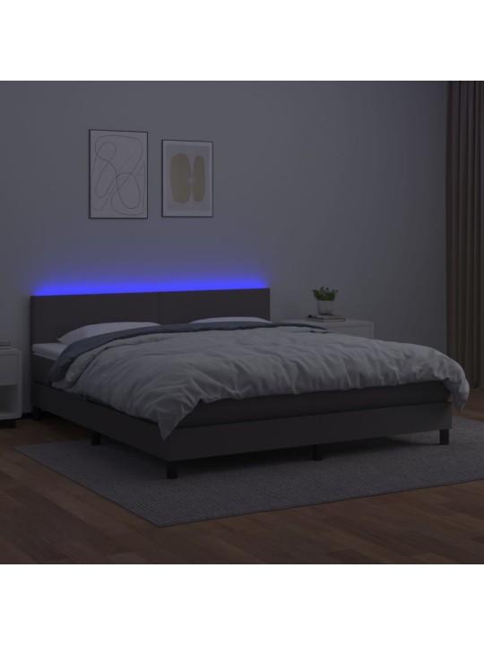 Atsperu gulta ar matraci, LED, pelēka, 160x200 cm, mākslīgā āda