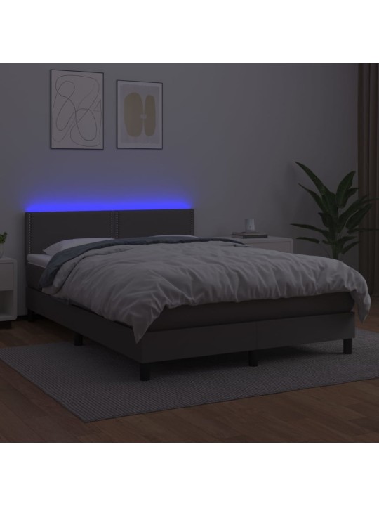 Atsperu gulta ar matraci, LED, pelēka, 140x200 cm, mākslīgā āda
