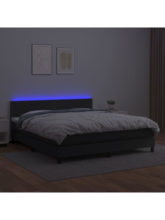 Atsperu gulta ar matraci, led, melna, 160x200 cm, mākslīgā āda