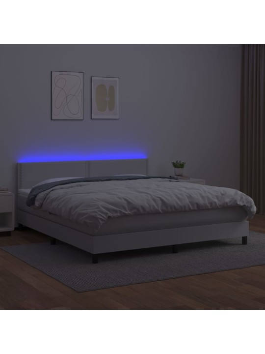 Atsperu gulta ar matraci, led, balta, 160x200 cm, mākslīgā āda