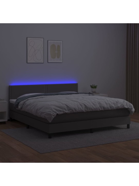 Atsperu gulta ar matraci, LED, pelēka, 160x200 cm, mākslīgā āda