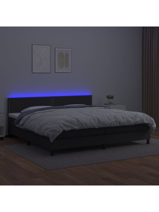 Atsperu gulta ar matraci, led, melna, 200x200 cm, mākslīgā āda