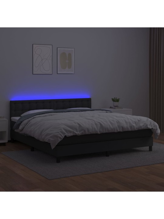 Atsperu gulta ar matraci, led, melna, 160x200 cm, mākslīgā āda