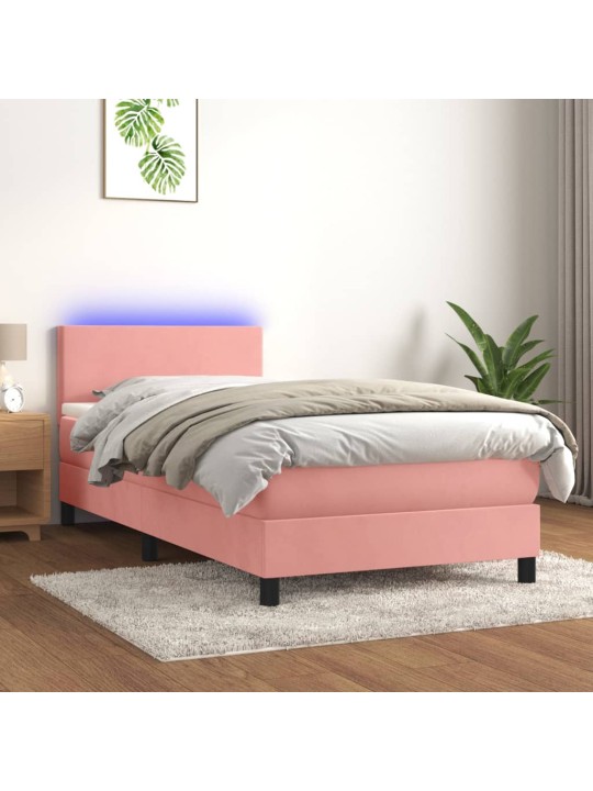 Atsperu gulta ar matraci, LED, rozā samts, 80x200 cm