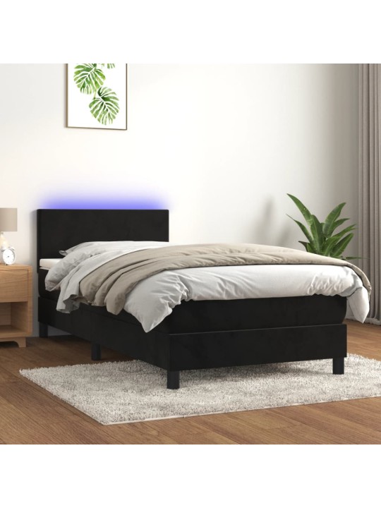 Atsperu gulta ar matraci, LED, melns samts, 90x190 cm