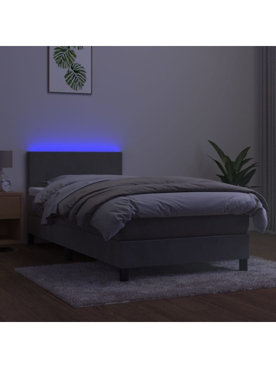 Atsperu gulta ar matraci, led, gaiši pelēks samts, 90x200 cm