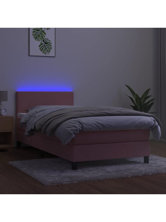 Atsperu gulta ar matraci, LED, rozā samts, 90x200 cm