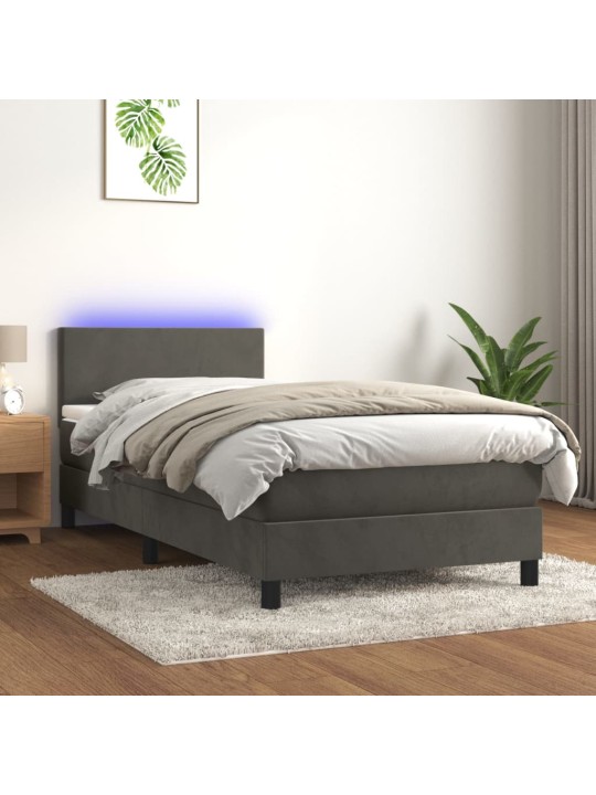 Atsperu gulta ar matraci, LED, tumši pelēks samts, 100x200 cm