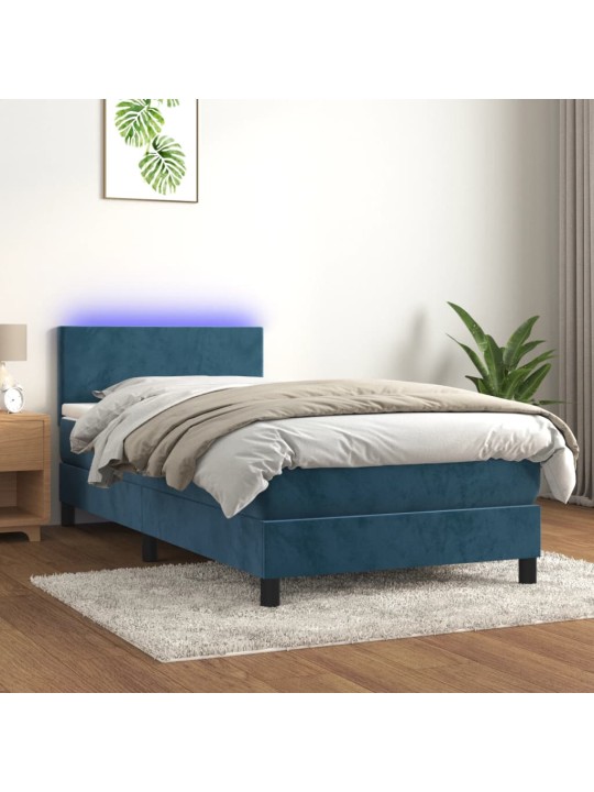 Atsperu gulta ar matraci, LED, tumši zils samts, 100x200 cm