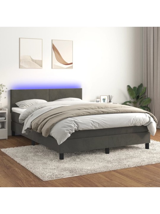 Atsperu gulta ar matraci, LED, tumši pelēks samts, 140x190 cm