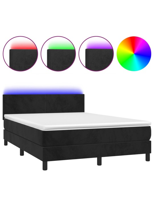 Atsperu gulta ar matraci, LED, melns samts, 140x190 cm