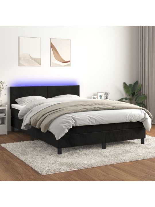 Atsperu gulta ar matraci, LED, melns samts, 140x190 cm