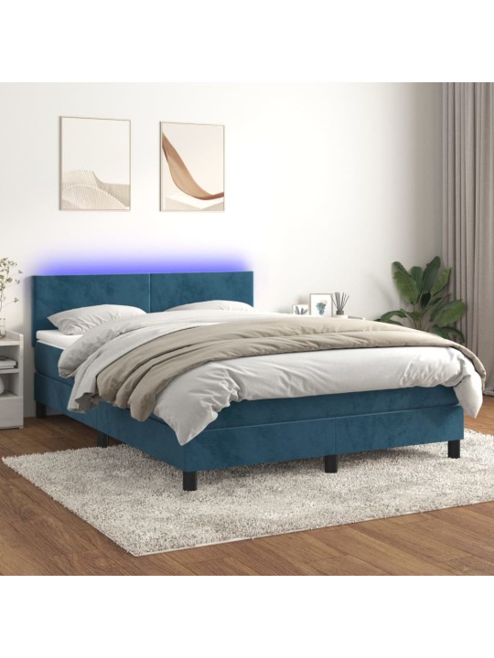 Atsperu gulta ar matraci, LED, tumši zils samts, 140x190 cm