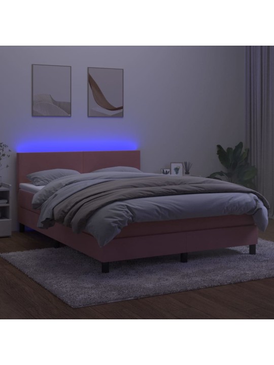Atsperu gulta ar matraci, LED, rozā samts, 140x190 cm