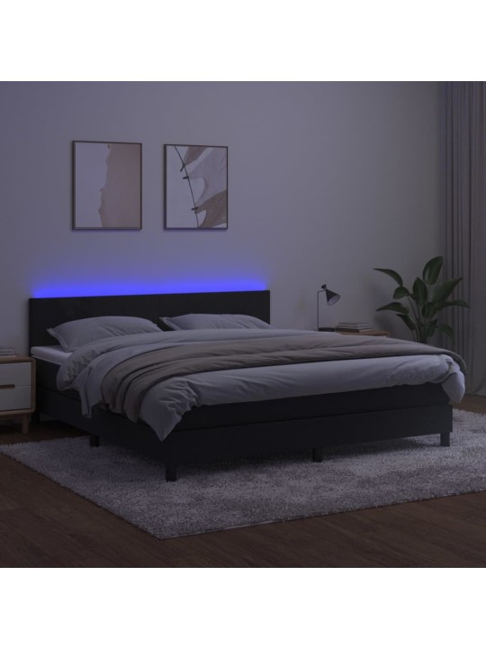 Atsperu gulta ar matraci, LED, melns samts, 160x200 cm