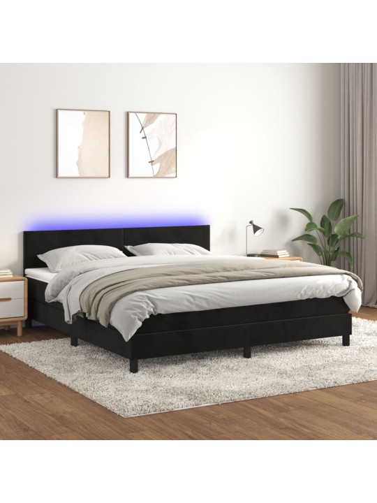 Atsperu gulta ar matraci, LED, melns samts, 160x200 cm