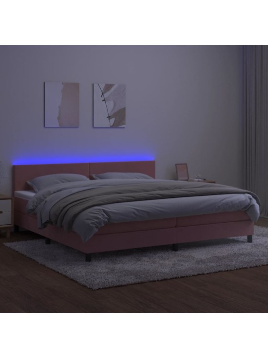 Atsperu gulta ar matraci, LED, rozā samts, 200x200 cm