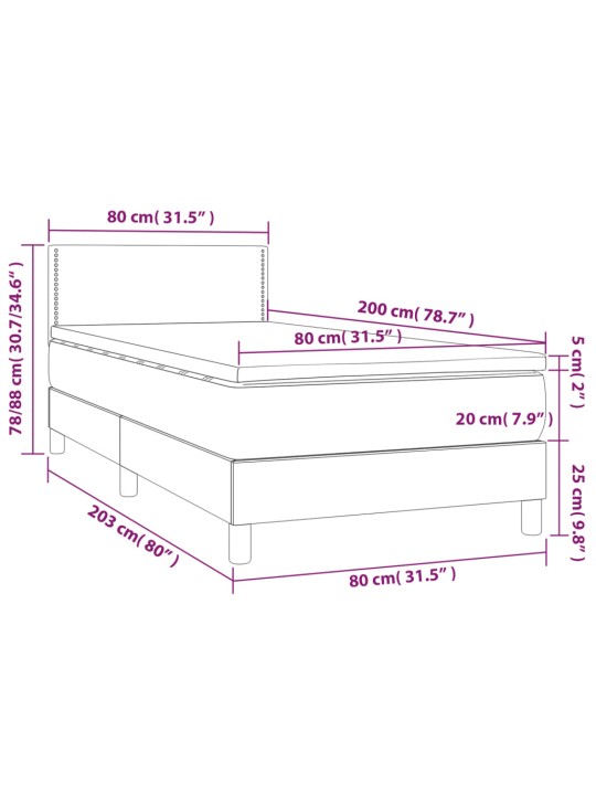 Atsperu gulta ar matraci, LED, tumši pelēks samts, 80x200 cm