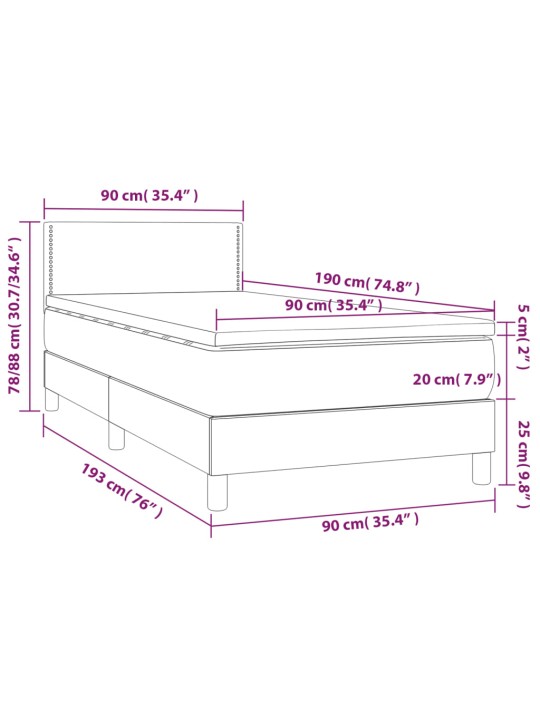 Atsperu gulta ar matraci, led, melns samts, 90x190 cm