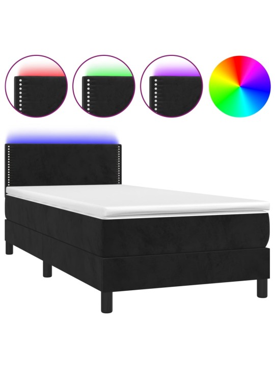 Atsperu gulta ar matraci, LED, melns samts, 100x200 cm