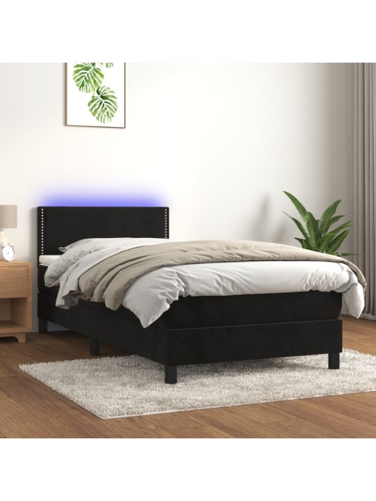 Atsperu gulta ar matraci, LED, melns samts, 100x200 cm