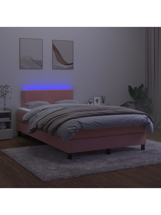 Atsperu gulta ar matraci, LED, rozā samts, 120x200 cm